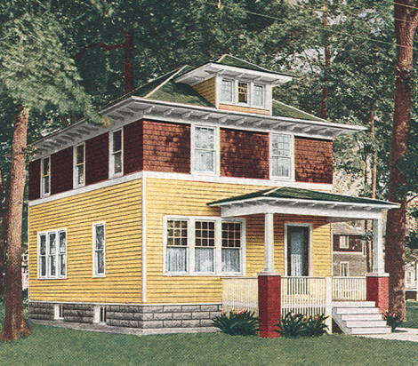 Sketch of a traditional American Foursquare. Note the shingles on the top and boards on the bottom. A nice small front porch, not unlike mine.