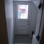 Landing and steps are now gray, walls and door are freshly painted white. 