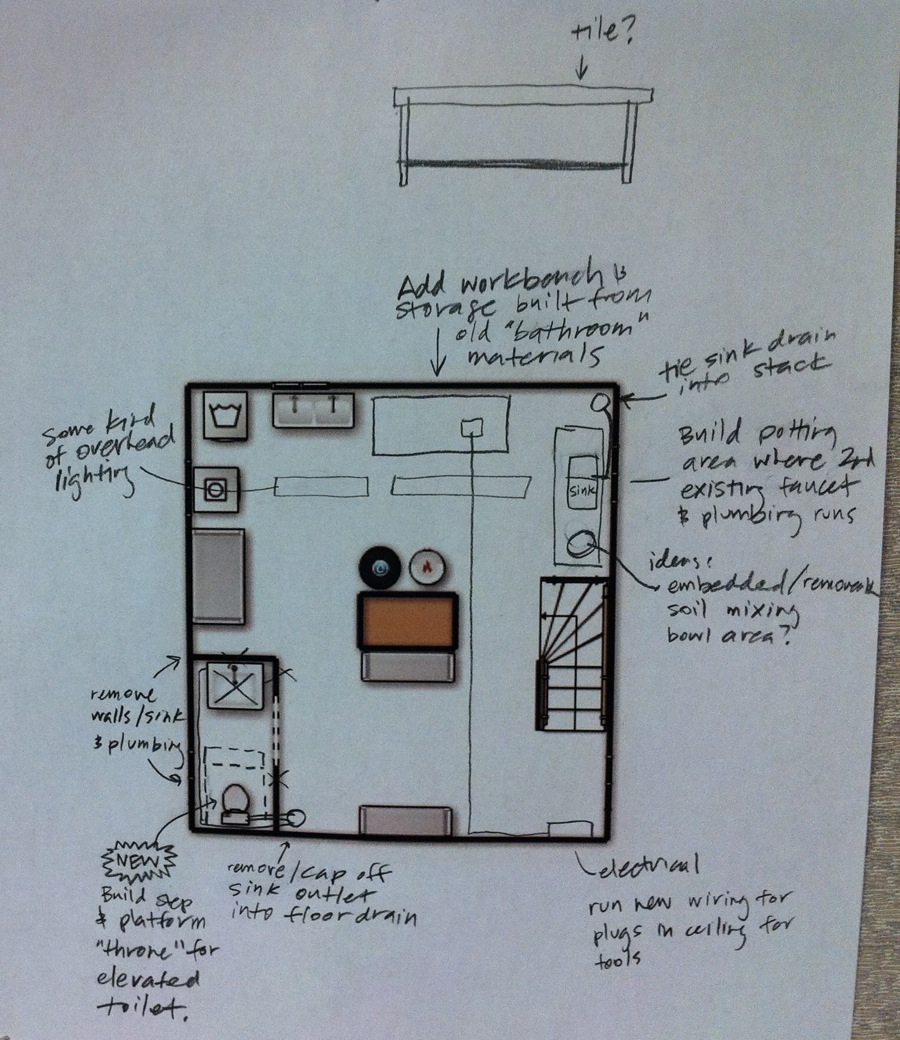 Updated plan for the basement overhaul. New plumbing, lighting, and storage. 