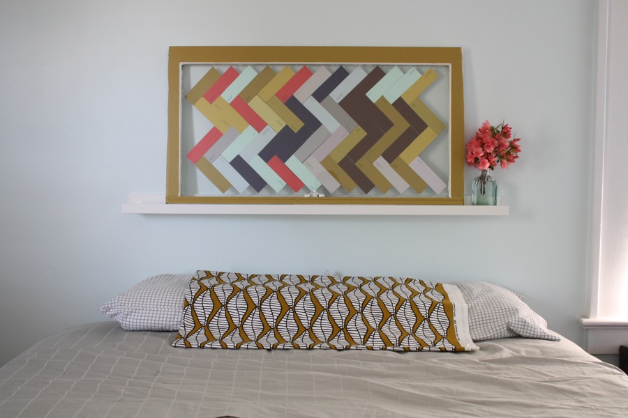 DIY headboard with paint chips.
