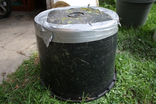 The outer black plastic bucket for the mold. Holes in the bottom, patched. Thanks, duct tape.