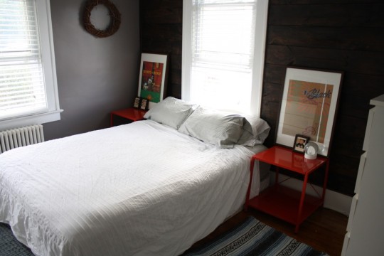 Shiplap wall, lobster tables, and the unfilled duvet cover. Wrinkly. Don't mind that.