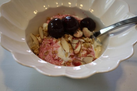 Cherry-pecan-granola DIY greek yogurt.  Yum-may.