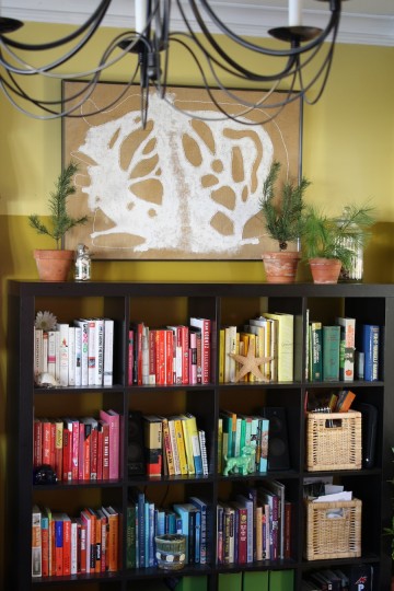 Pine branch decor on the bookshelf.