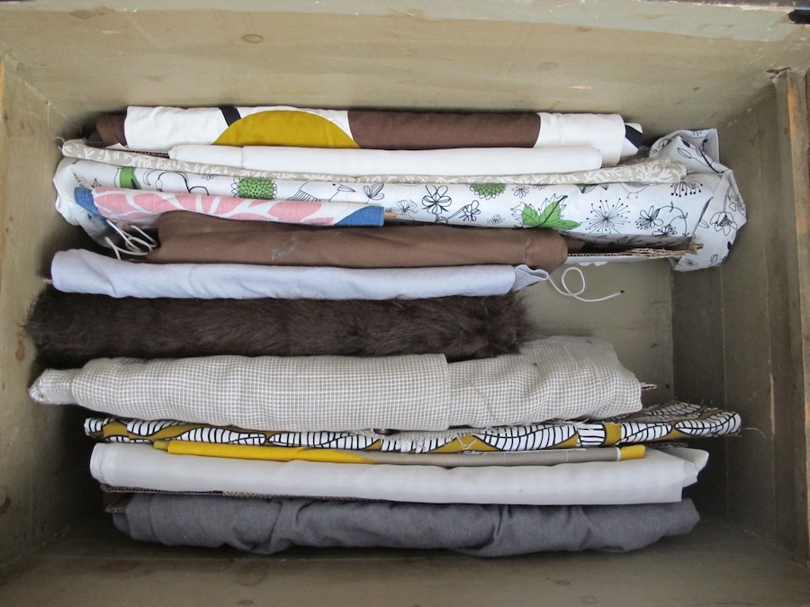 Fabric organization with DIY bolts.