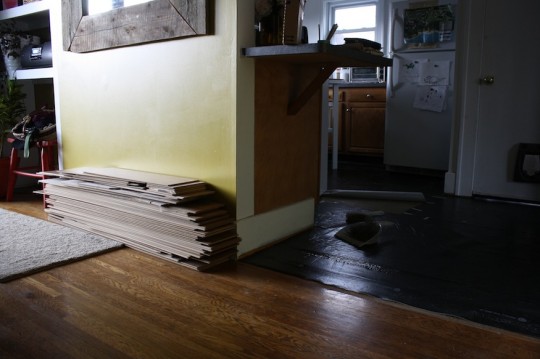 Flooring removed, stacked.