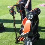 Black & Decker's 36V Cordless Mower. It folds up for storage with the flip of a switch.