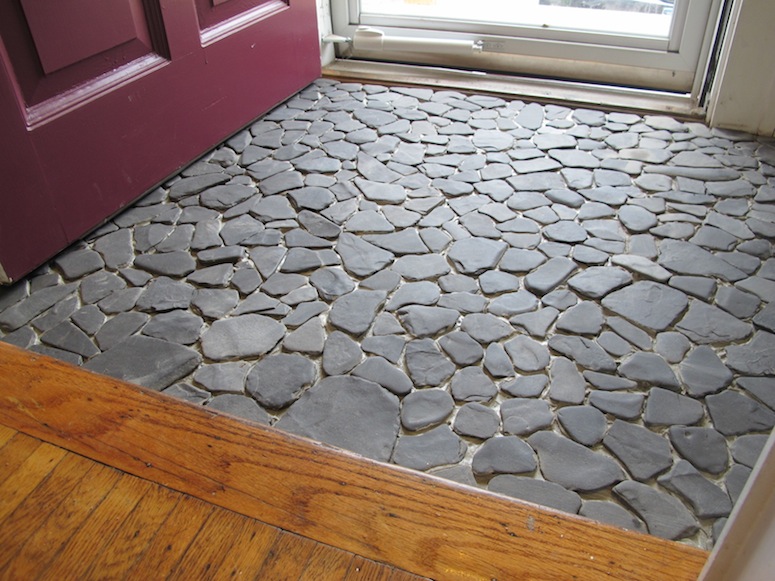 A shale stone entryway, pre-grout.