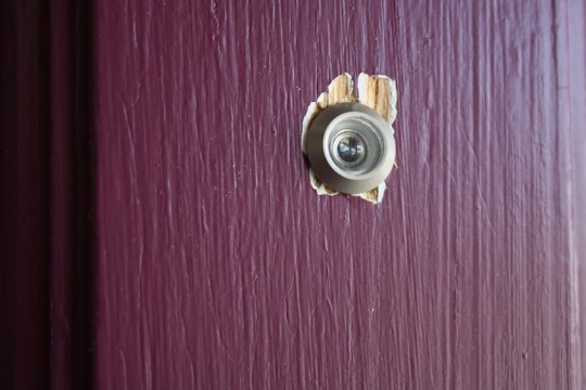 Splintered door. Oops, the peephole won't be able to cover that error.