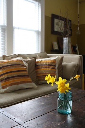 Updating the living room with new pillows (and daffodils).