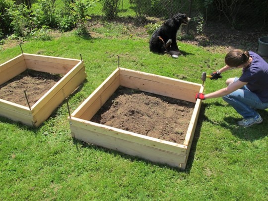 Installing the planter boxes by hammering rebar reinforcements.