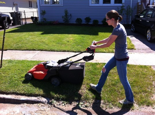 Me, mowing the lawn with my new Black & Decker mower.