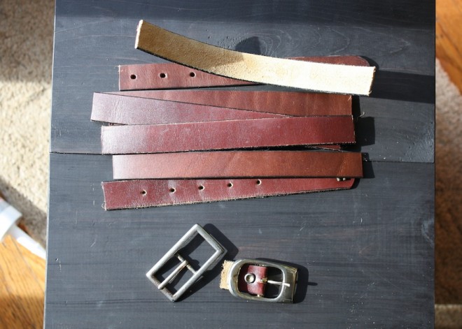 Leather belts about to be upcycled into leather drawer pulls!