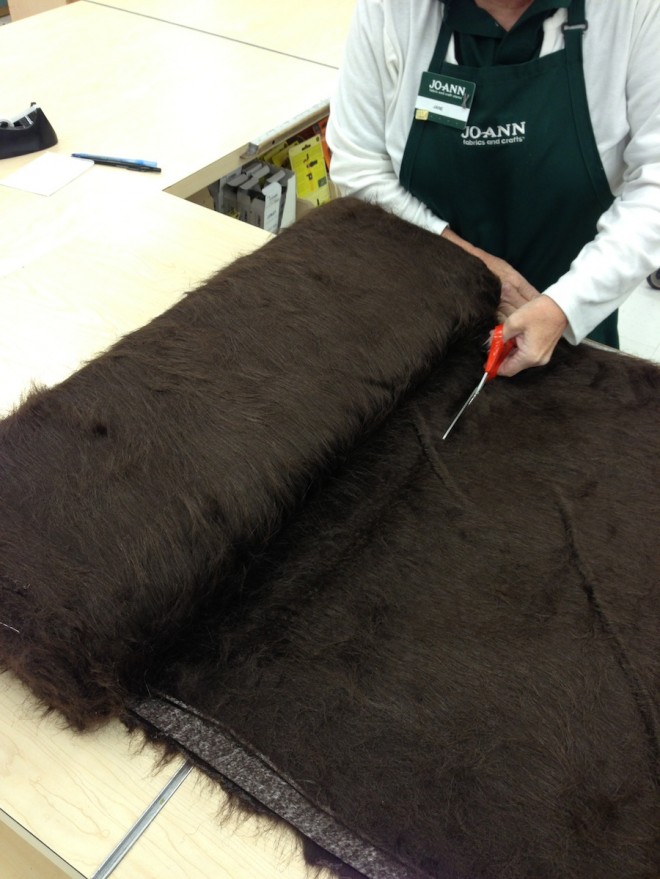Trimming the fur to length in JoAnn's.
