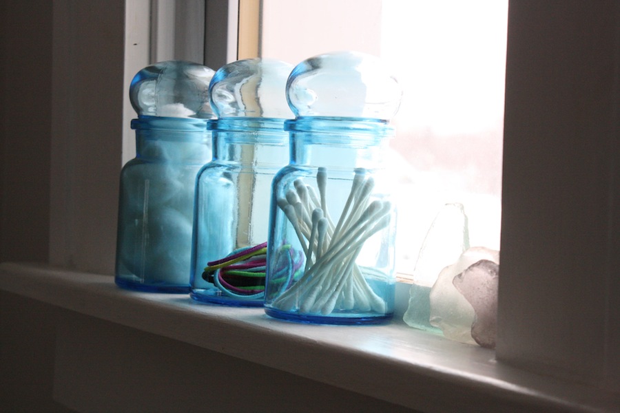 Belgian Blue Glass Apothecary Jars, Blue Bathroom Glass Canisters