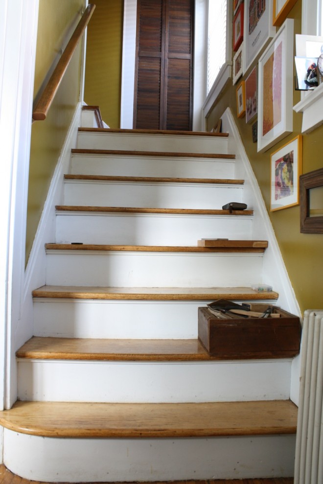 Our white and wood staircase, pre-painting.