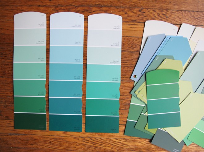 Sherwin-Williams Paint Samples for the living room. Lots of blues and greens!