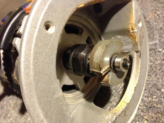 Router with a rabbet bit.