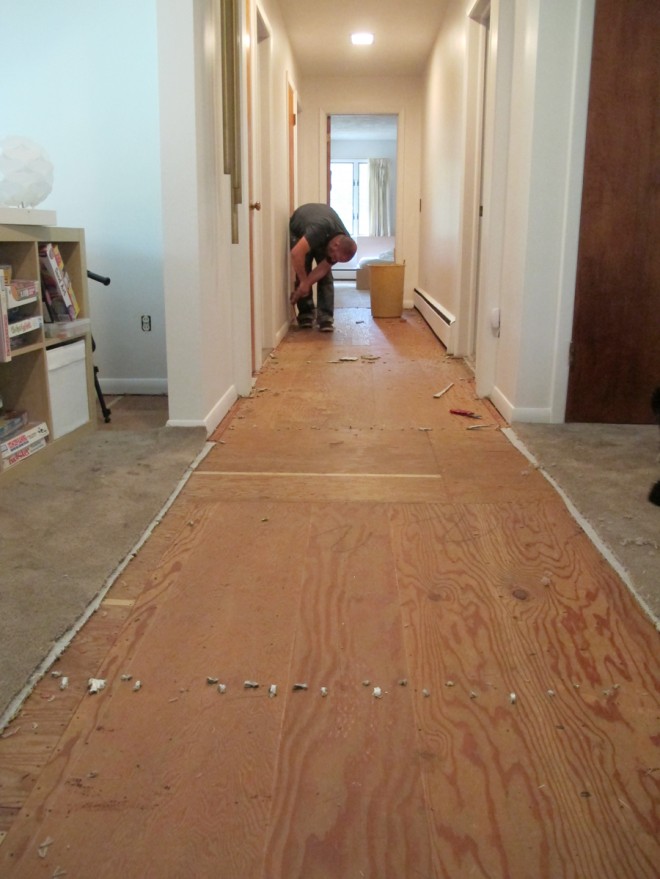 Removing the carpet in the hallway.
