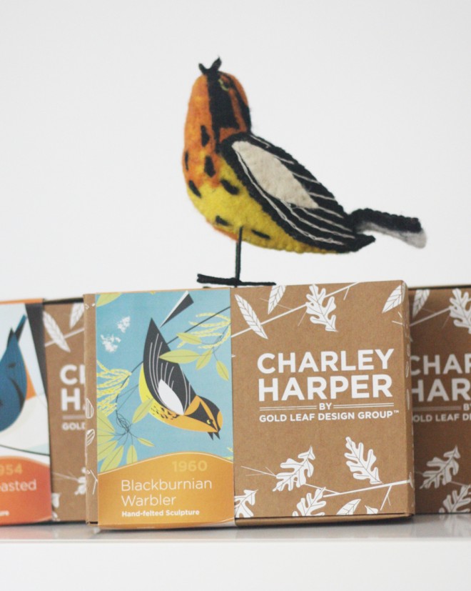 Charley Harper wool bird, the Blackburnian Warbler.