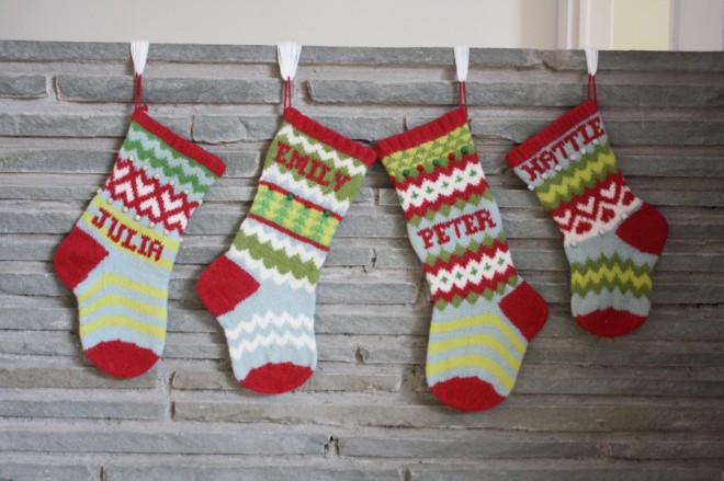Handmade wool Christmas stockings by Erin Makes Stuff.