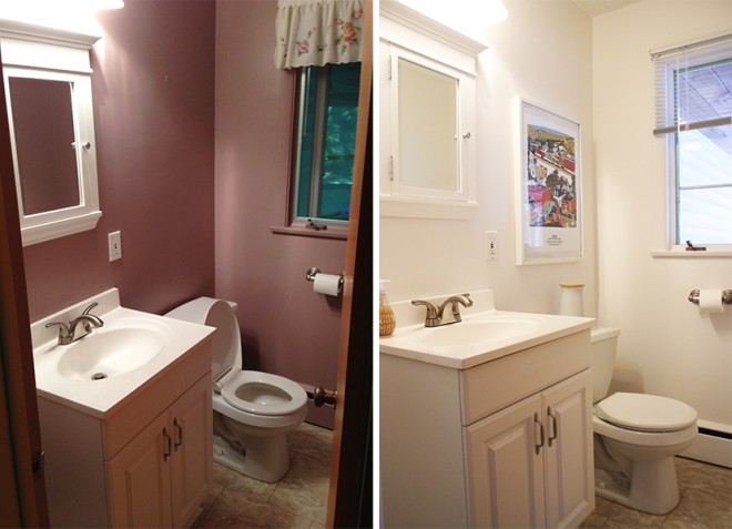 Half bath progress: Before and Current with a fresh coat of white paint.