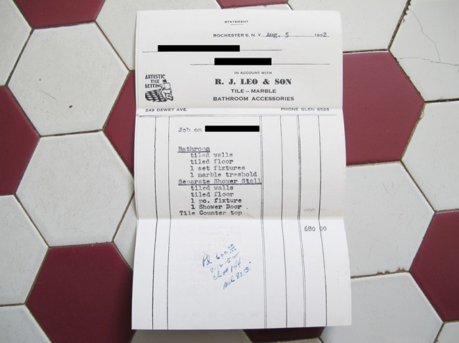 The original invoice from our 1952 bathroom tile installation.