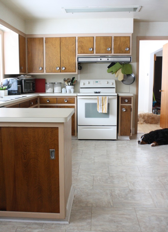 Kitchen, old stove, old wallpaper, old everything.