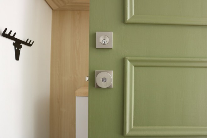Our EMTEK lock and knob, contemporary design for our midcentury home.