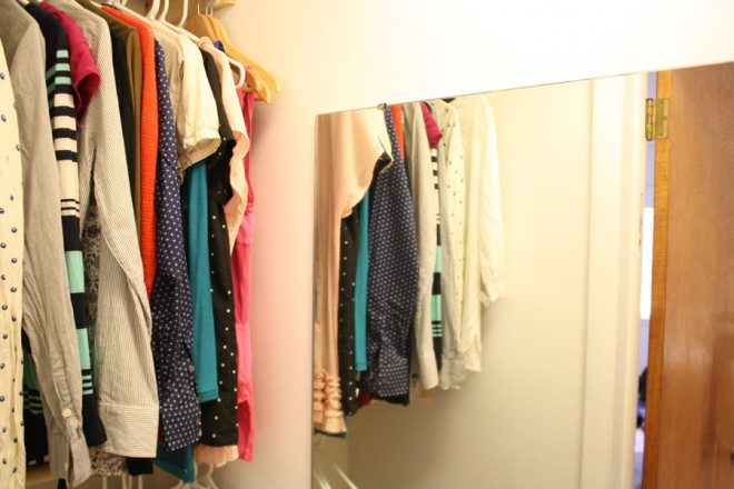 An ordinary closet, redesigned as a modest, functional walk-in closet.