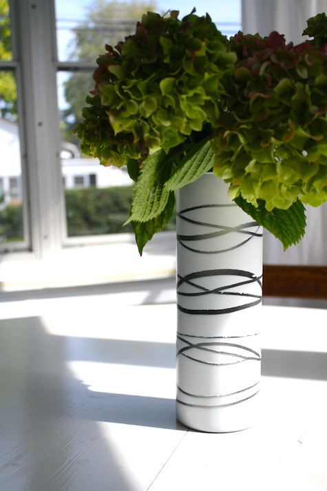 DIY faux aspen or white birch tree vase using rubber bands and layered spray paint.