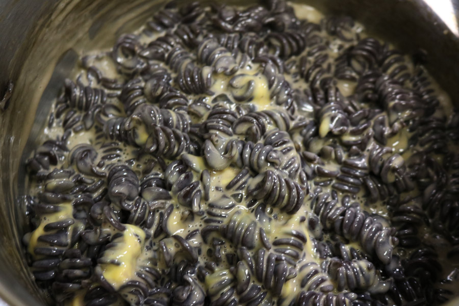 Black noodles mixed with melting Velveeta cheese for a Halloween dish.