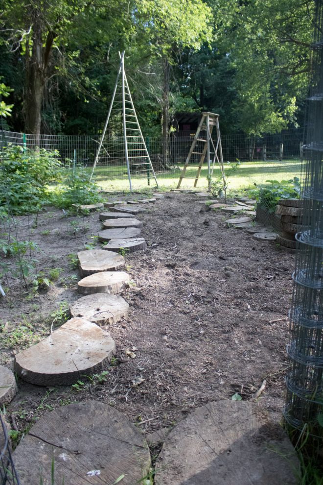 A natural garden pathway using logs and mulch.